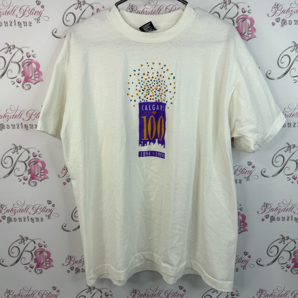 Best T-shirt 1894-1994 vintage top Calgary White T-Shirt with Sparkling Detail